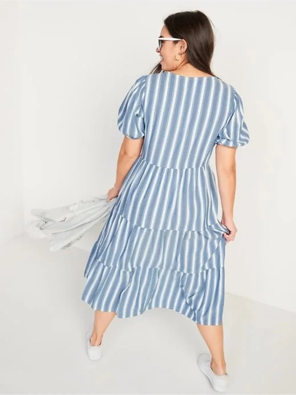Old Navy Puff-sleeve Tiered Striped Midi Swing Dress Size L NWT - Picture 2 of 10